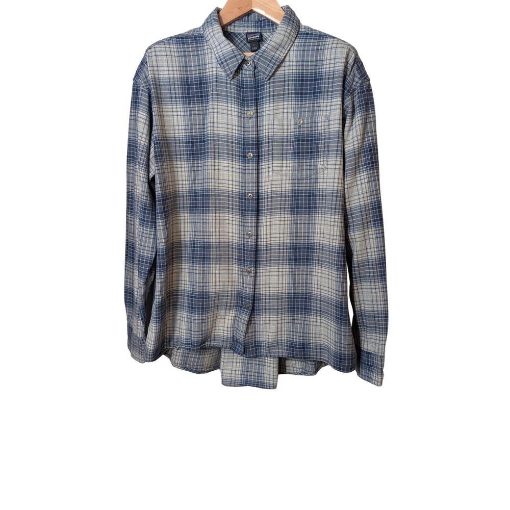 Patagonia Womens Organic Cotton Plaid Flannel Shirt Blue Cream Large L